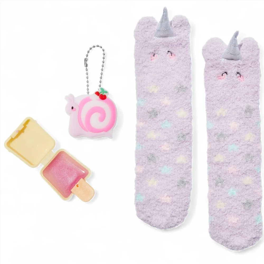 Claire's Club Unicorn Cozy Socks + Pucker Pops Pink Swirl Snail Lip Gloss Bundle
